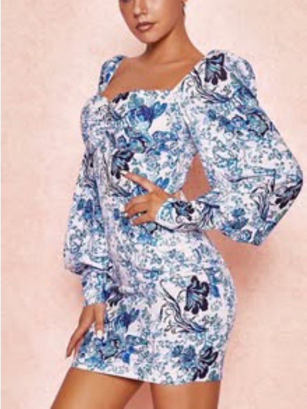 Blue & White Floral Puff Sleeve Mini Dress Size S